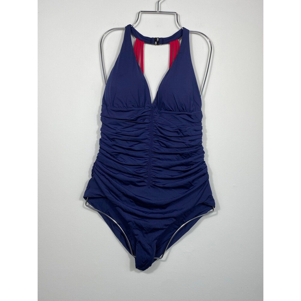 Leonisa Navy Ruched One Piece Swimsuit Halter Strappy Back Medium